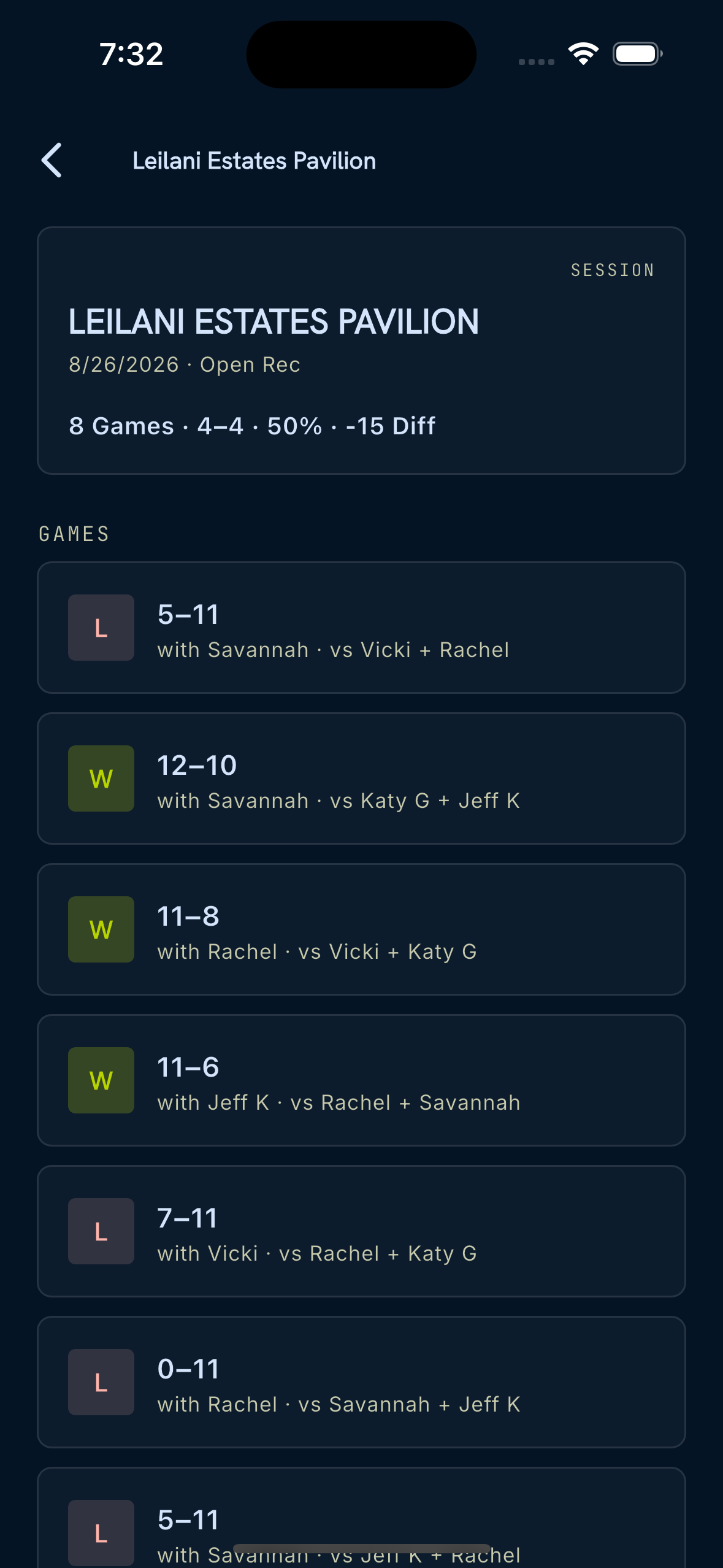 Session detail with individual game wins and losses