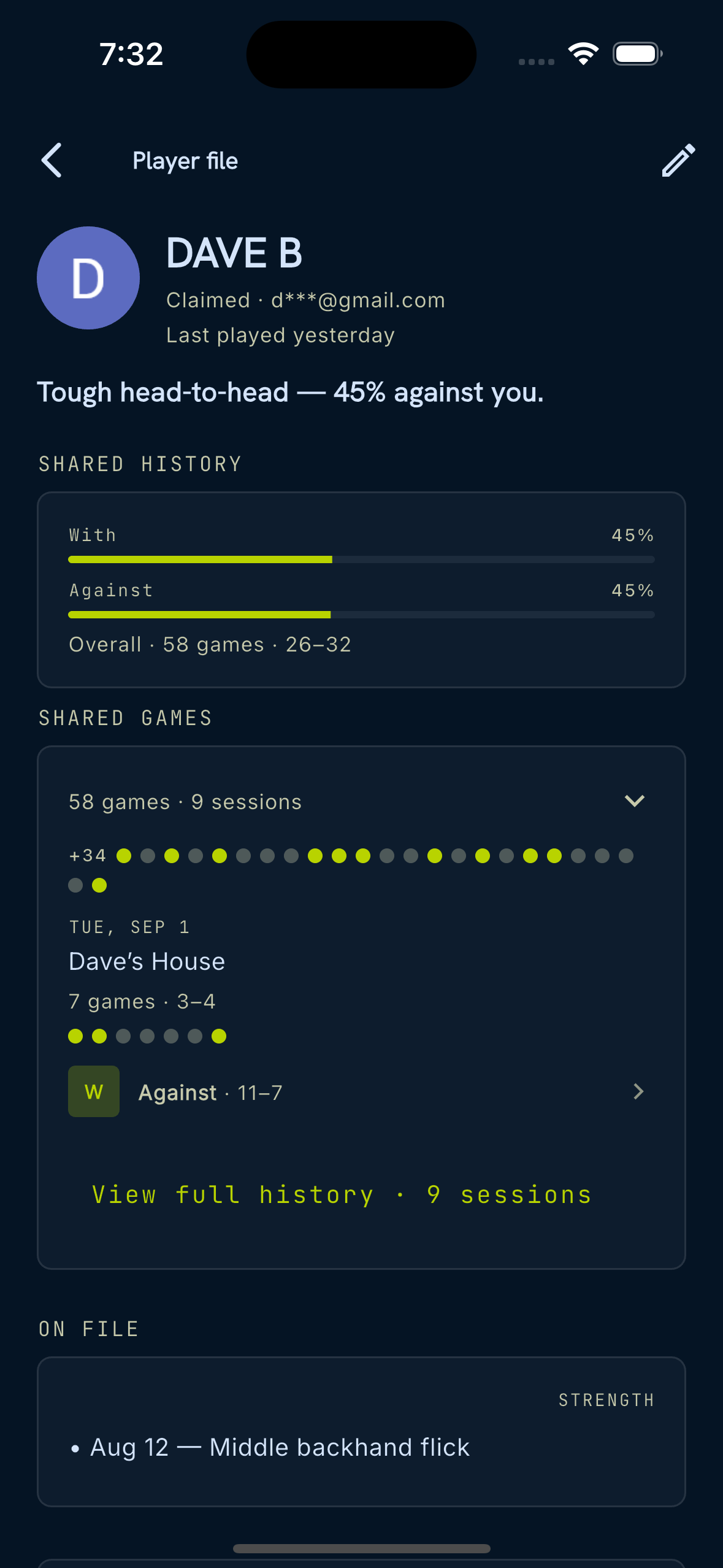 Player file with shared history and on-file notes